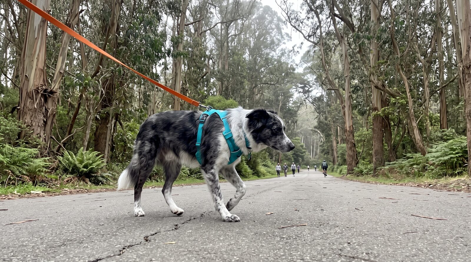 A blue merle border collie mix in a teal harness walks on an orange leash down a eucalyptus-lined car-free promenade in Golden Gate Park with walkers and a cyclist in the distance