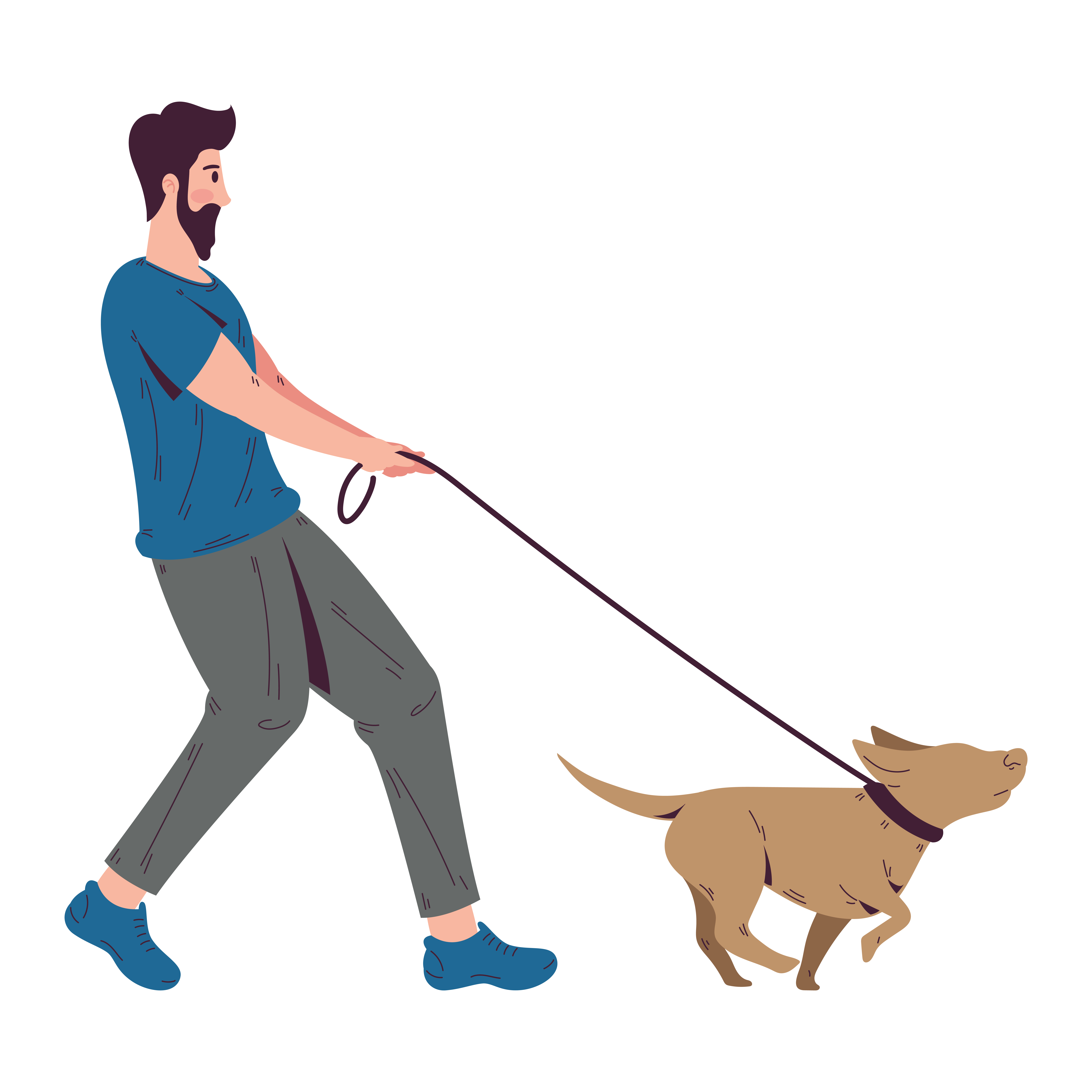Illustration of a man being pulled forward by his dog on a leash, the dog straining ahead while the owner leans back to keep up