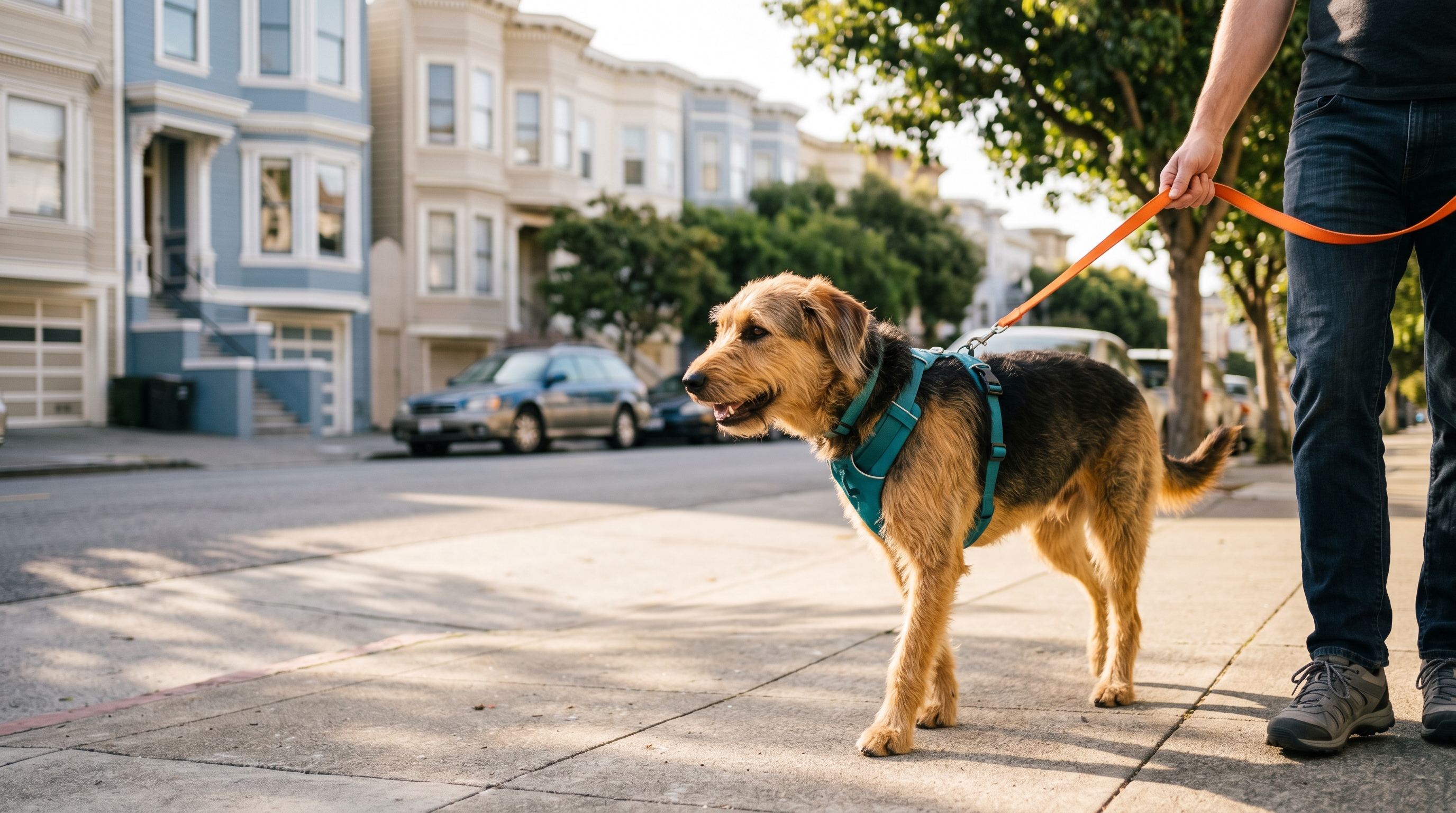 A scruffy mixed-breed dog in a teal harness walks attentively on an orange leash beside a Sniff and Go handler on a San Francisco sidewalk lined with Victorian row houses