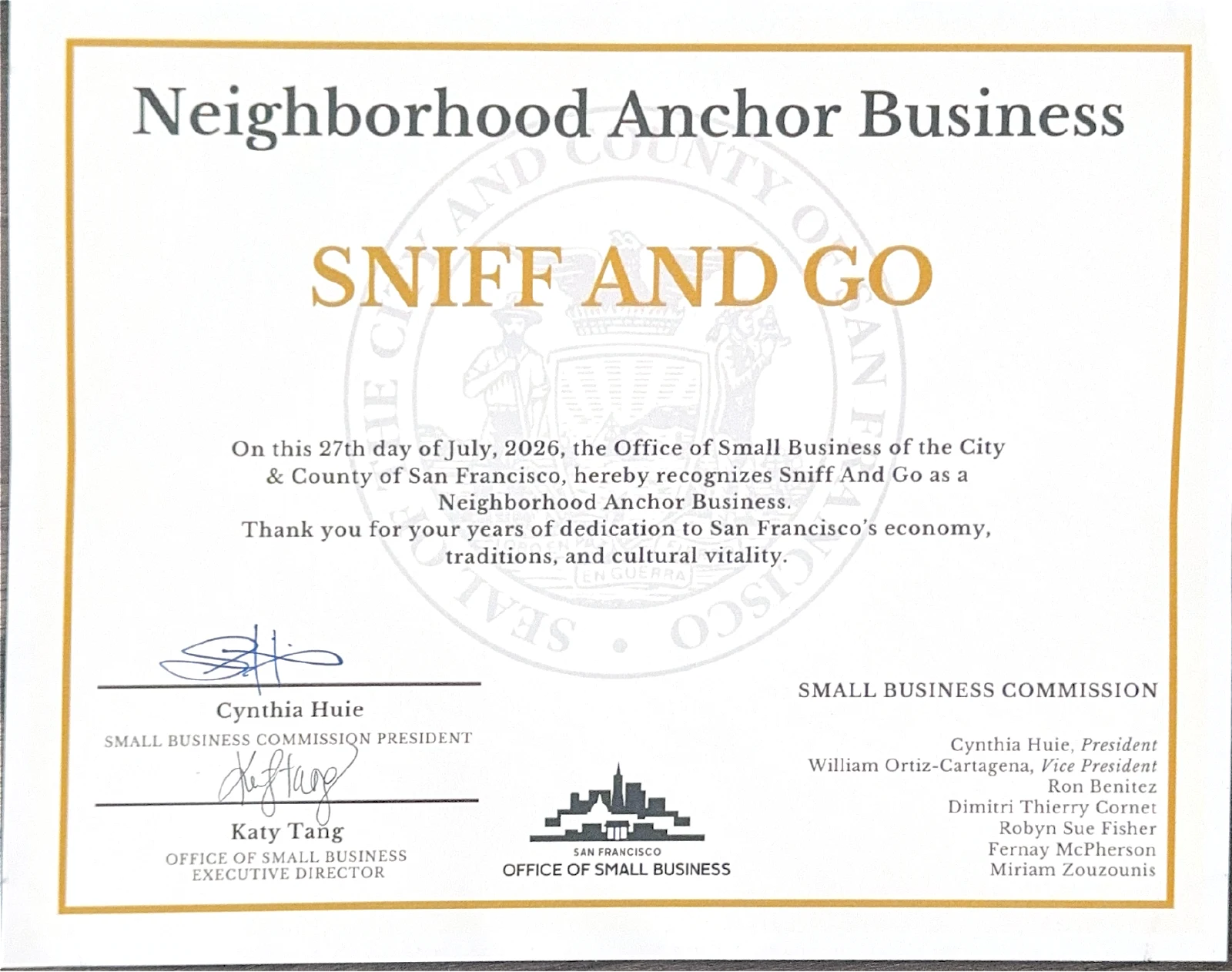 Sniff and Go’s Neighborhood Anchor Business certificate from San Francisco’s Office of Small Business, dated July 27, 2026