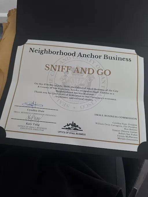 Sniff and Go’s Neighborhood Anchor Business certificate from San Francisco’s Office of Small Business, dated July 27, 2026
